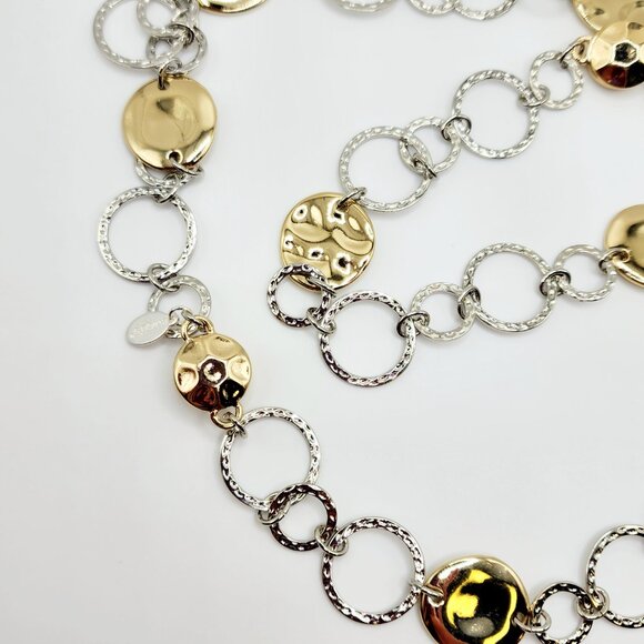 Chico's Long Textured Gold Disc and Silver Link Necklace - Picture 2 of 5